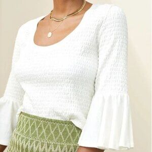 Anthropologie SLIM-FIT SMOCKED TOP Bell Sleeve in Ivory Cream